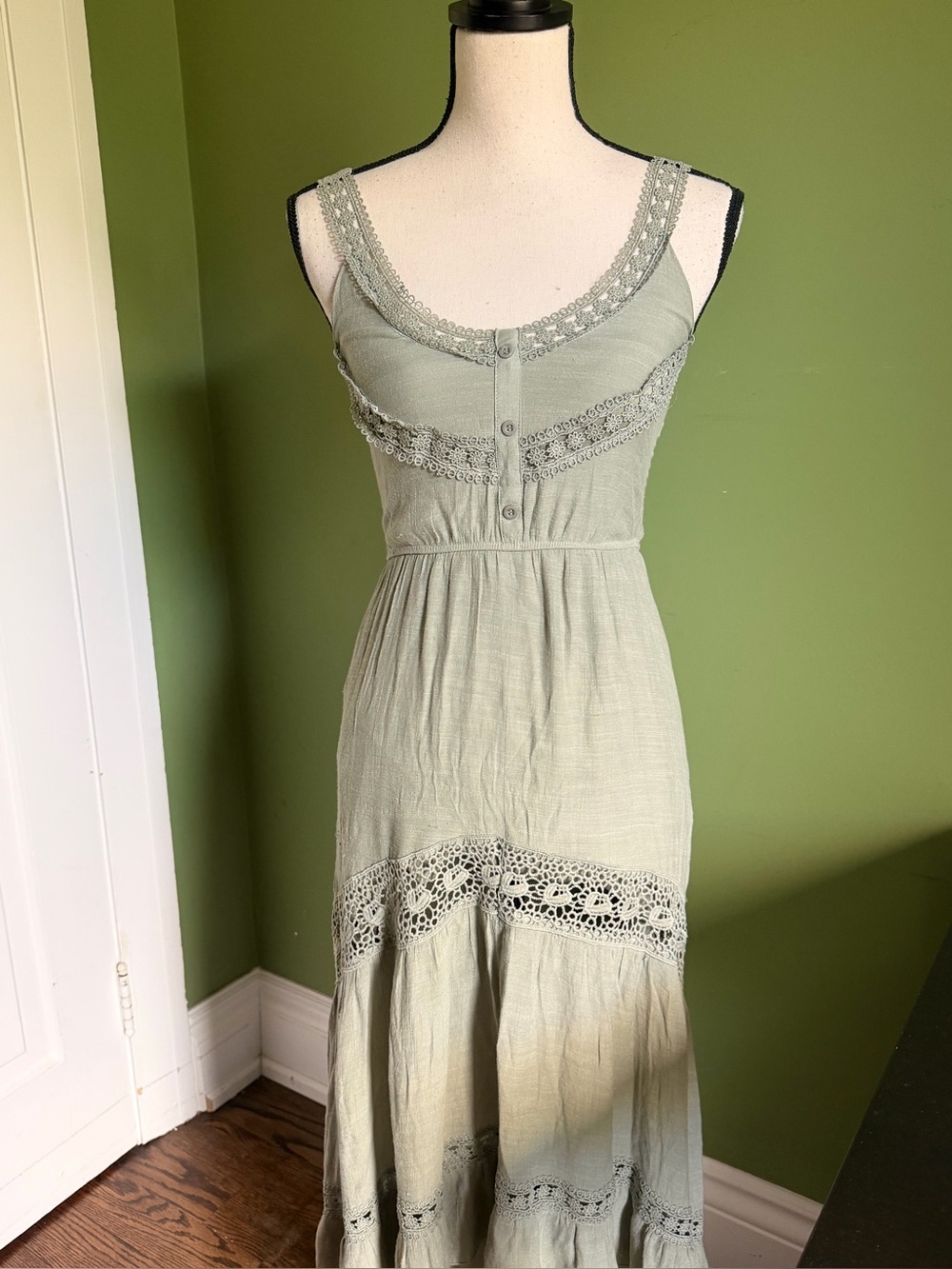 Rebellion Sage Green Lace-Trim Maxi Dress